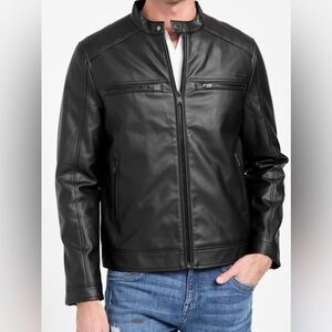 GUESS Men’s Genuine Black Leather Moto Racer Jacket - Size Large